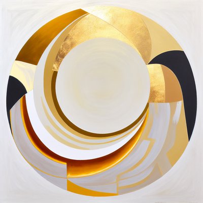 Pittura astratta, grande cerchio singolo con effetto dorato da F. Abderrahim