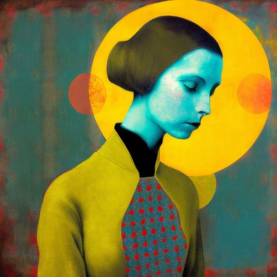 Dipinto astratto del volto di una donna in meditazione da F. Abderrahim