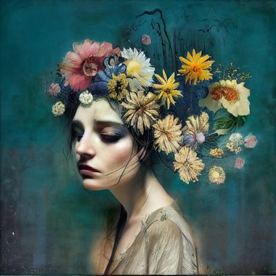 Bella ragazza con fiori, pittura astratta da F. Abderrahim