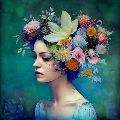 Bella donna con fiori, pittura astratta da F. Abderrahim