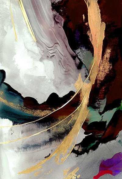 Pittura astratta in nero e grigio con effetto dorato da F. Abderrahim