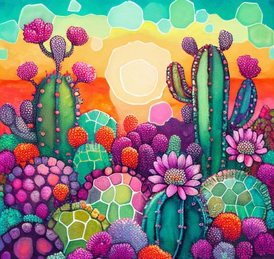 Fioritura del deserto: dipinto astratto colorato del tramonto sugli altipiani di cactus da F. Abderrahim