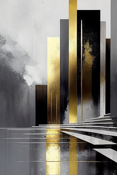 Pittura astratta minimalista con palette di colori grigio e oro da F. Abderrahim