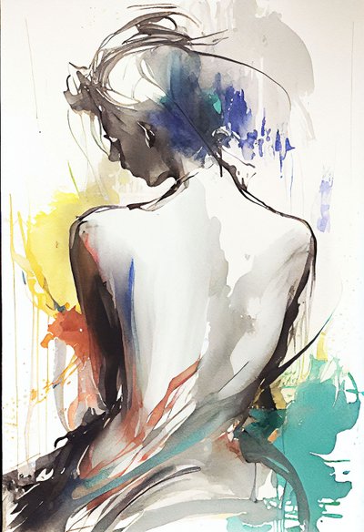 Disegno ad acquerello che ritrae una donna seduta di spalle da F. Abderrahim