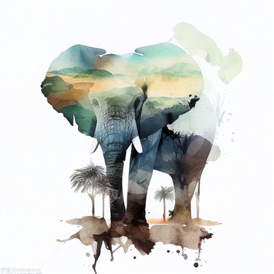 Elefante ad acquerello e savana africana da F. Abderrahim