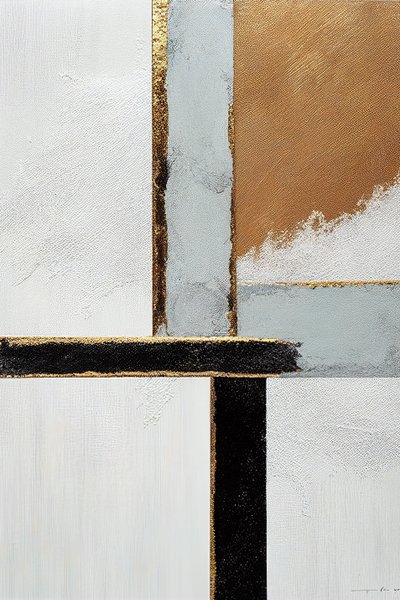Bianco e nero, linee astratte dorate, Arte su tela stampabile da F. Abderrahim