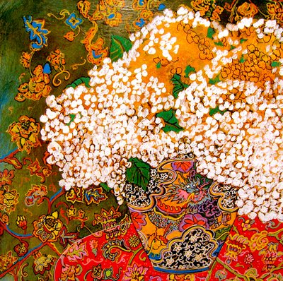 Fiori in vaso cinese, 2016 (misto, acrilico, inchiostro, olio) da linda arthurs