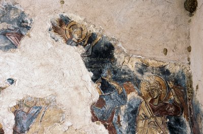 Angelo e santo, dettaglio di un affresco nella chiesa di Agios Georgios Apodoulou, Apodoulou, Creta, Grecia (foto) da Theodore Charles Ange Coquelin