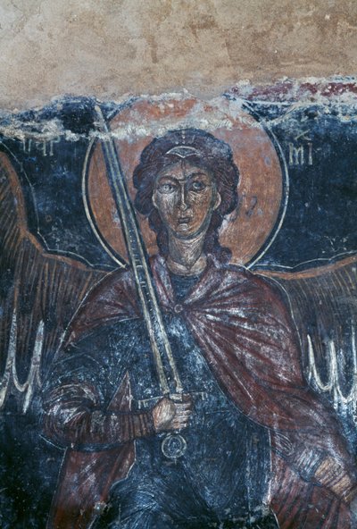 Angelo con spada, affresco nella chiesa bizantina di San Giorgio, Komitades, Creta, Grecia (foto) da Theodore Charles Ange Coquelin