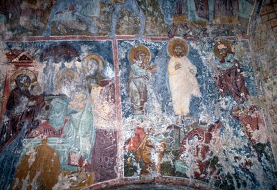 Cristo e santi, affresco nella chiesa bizantina di Sotiras Christos, Vlithias, Creta, Grecia da Theodore Charles Ange Coquelin