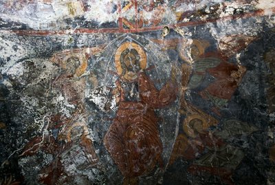 Cristo con angeli e santo, affresco nella chiesa di Panagia, Kitiros, Creta, Grecia (foto) da Theodore Charles Ange Coquelin