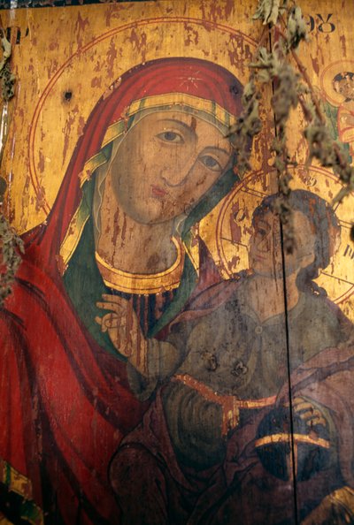 Madonna con bambino, dipinto su legno nella chiesa di Agios Antonios, Kavousi, Creta, Grecia (foto) da Theodore Charles Ange Coquelin