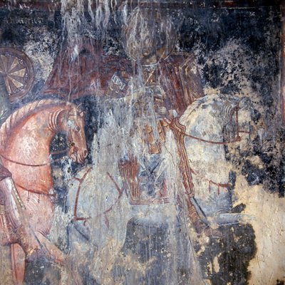 Santo a cavallo, affresco nella chiesa di Palaia Roumata, Creta, Grecia da Theodore Charles Ange Coquelin