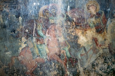 Santi a cavallo, affresco nella chiesa bizantina di Agios Athanasios, Kefali, Creta, Grecia da Theodore Charles Ange Coquelin