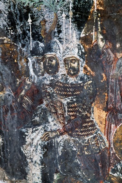 Soldato, affresco danneggiato sul soffitto della chiesa di Agios Vasileios, Vavouledo, Creta, Grecia da Theodore Charles Ange Coquelin