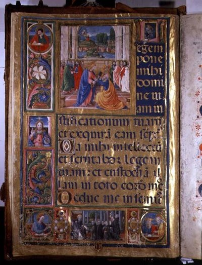 Pagina che raffigura Cristo che dà le chiavi a San Pietro, da un salterio scritto da Don Appiano della Chiesa della Badia Fiorentina, Firenze da or di Giovanni Monte del Fora
