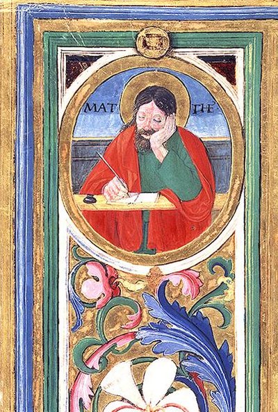 Ms 542 f.3v San Matteo che scrive il primo vangelo da un salterio scritto da Don Appiano della Chiesa della Badia Fiorentina, Firenze da or di Giovanni Monte del Fora