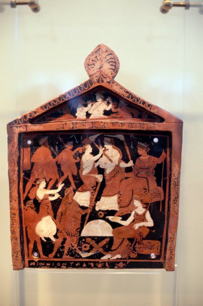 Tavoletta di Ninnion, ex-voto raffigurante Iacco che guida la processione davanti a Demetra e Persefone, ca 370 a.C., trovata nel Santuario di Eleusi, Grecia, civiltà greca, fine IV secolo a.C. da Unbekannt Unbekannt