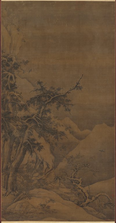 Uccelli in un boschetto in un paesaggio invernale montuoso da possibly by Gao Tao