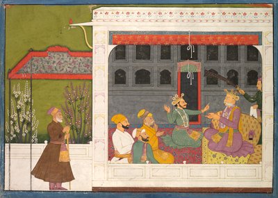 Shispul che discute con il padre di Rukmini, Bhishmaka, pagina da una serie di Rukmini Mangal da possibly by Mola Ram