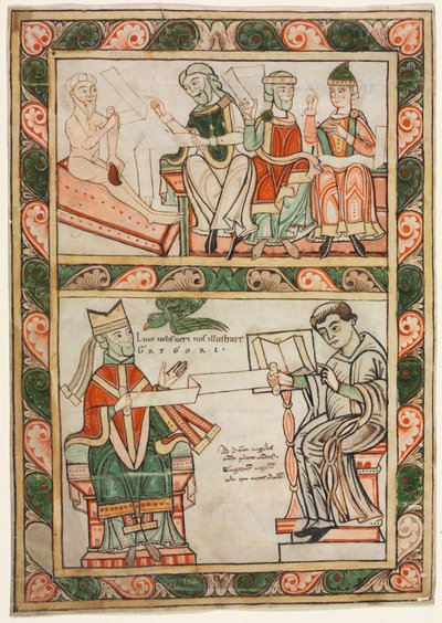 Pagina del titolo dei "Moralia" di San Gregorio: Giobbe visitato dai suoi tre amici (sopra) e Gregorio Magno e il suo diacono Pietro (sotto) da probably by Abbot Frowin