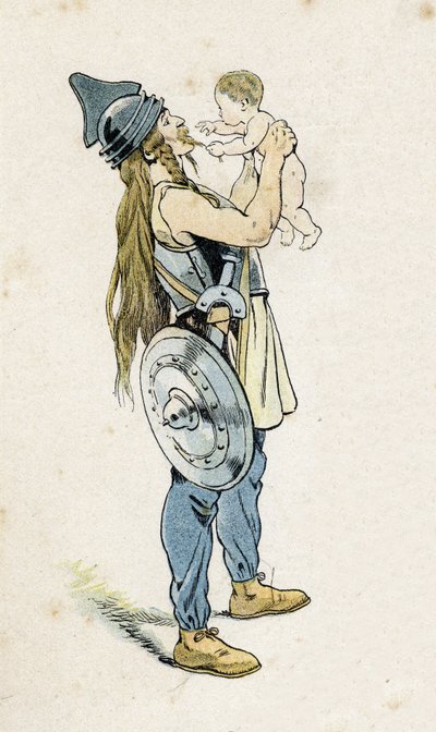 Un guerriero gallico con il suo bambino. in "Francia, la sua storia raccontata da G. Montorgueil, illustrata da Job" 1896. Collezione privata da pseudonym for Onfray de Breville Jacques Job