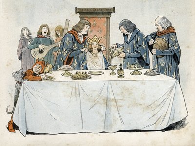 Una bambina con una corona siede su un trono a un tavolo da banchetto. Un grande esong le versa da bere, un grande cestaiolo taglia il pane e un grande ciambellano le lega un tovagliolo intorno al collo. Trovatori e un nano la intrattengono. Allegoria dell da pseudonym for Onfray de Breville Jacques Job