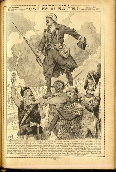 Agenda Buvard du Bon Marche 1917 - Illustrazione di Job (Jacques Marie (Jacques-Marie) Gaston Onfray e Breville) (1858-1931): Li avremo! 1916 - Guerra del 14-18, Medico, Medicina, Salute, Uniformi, Grandi Battaglie, Armature - Soldati, Galli - Storico M da pseudonym for Onfray de Breville Jacques Job