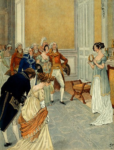 Alle Tuileries, ministri, diplomatici e consiglieri di stato lasciano i consoli che avevano annunciato la vittoria di Marengo (la prima campagna italiana (1796-1797) per congratularsi con Josephine de Beauharnais (1763-1814); tiene una corona di alloro da pseudonym for Onfray de Breville Jacques Job