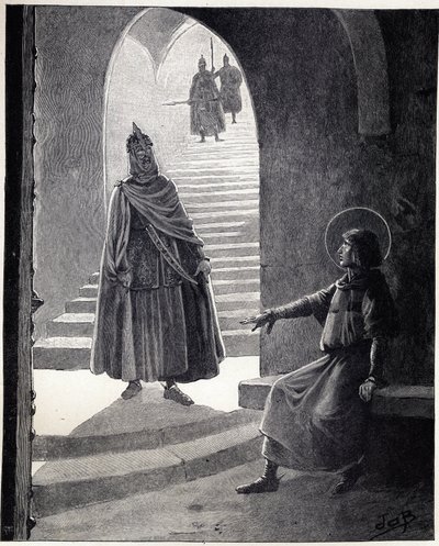Sii cristiano, ti farò cavaliere. Parole di Luigi IX detto San Luigi a un capo saraceno che entrò in prigione per farsi cavaliere. Illustrazione di Job (Jacques Marie Gaston Onfray e Breville) per t da pseudonym for Onfray de Breville Jacques Job