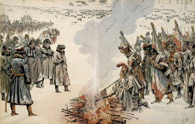 Campagna di Russia (1812): Durante la ritirata dalla Russia, Napoleone I Bonaparte ordina di bruciare bandiere e aquile per impedire al nemico di impossessarsene. In 