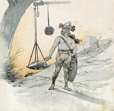 Cattura di Roma (Riscatto di Roma nel 390 a.C.). Storia di Brenno, capo guerriero gallico che pronunciò la terribile frase Vae Victis (guai ai vinti). in "Francia, la sua storia raccontata da G. Montorgueil, illustrata da Job" 1896. Collezione privata da pseudonym for Onfray de Breville Jacques Job