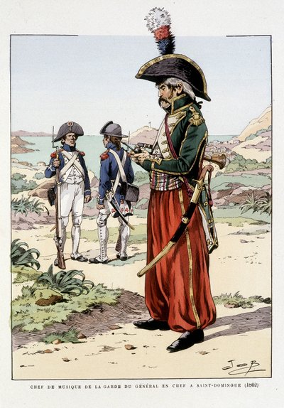 Chef de musique de la garde du général en chef a St Domingo en 1802 - in "Outfit des troupes de France: armee de terre et de mer a toutes les epoques", ill. di Job da pseudonym for Onfray de Breville Jacques Job
