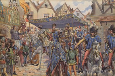 Folle per le strade di Parigi che salutano Luigi XI mentre arriva dalla Borgogna per reclamare il suo regno dopo la morte di suo padre, Carlo VII da pseudonym for Onfray de Breville Jacques Job