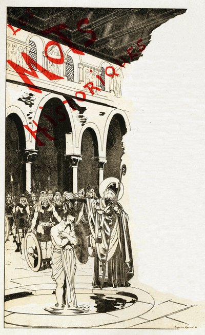 Piega la testa, fiero Sicambro, ama ciò che bruci, brucia ciò che ami. Parole di San Remigio, vescovo di Reims, quando battezzò il re dei Franchi Clodoveo I nella Cattedrale di Reims il 25 dicembre 496. Illustrazione di... da pseudonym for Onfray de Breville Jacques Job