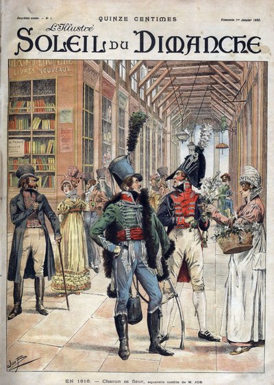 Ognuno il suo fiore. Un soldato comprò fiori da una venditrice in una galleria coperta a Parigi nel 1816. Da un acquerello di Mr. Job. Incisione in "Le sun-du-dimanche", 1 gennaio 1899 da pseudonym for Onfray de Breville Jacques Job