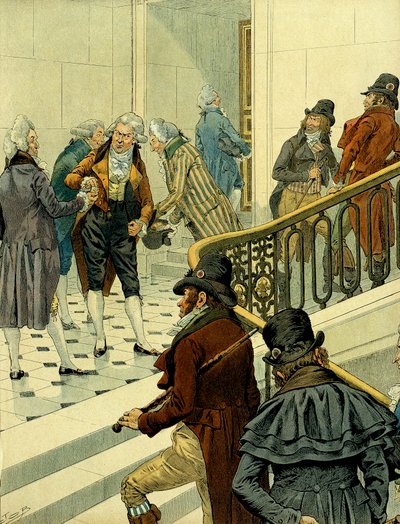 Primo impero di Napoleone I Bonaparte: incontro nella scala delle tuileries tra emigrati di ritorno e gli ex rivoluzionari. Illustrazione di Jacques Marie Gaston Onfray de Breville dit JOB. Collezione Privata da pseudonym for Onfray de Breville Jacques Job