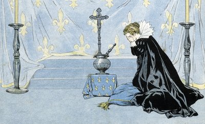 La Francia, rappresentata da una donna con un mantello nero, piange la morte del re Enrico IV. In 