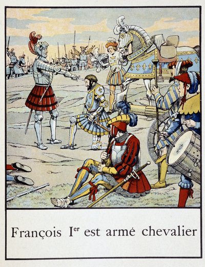 Francesco I viene armato cavaliere - in "Petite histoire de France" di Jacques Bainville, ed. Mane da pseudonym for Onfray de Breville Jacques Job