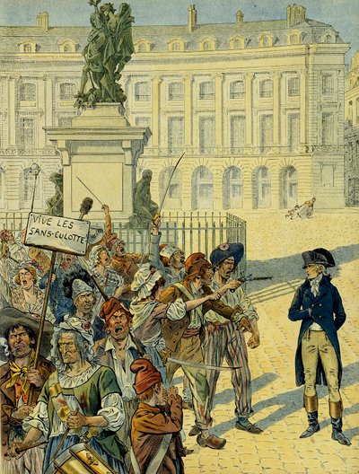 Rivoluzione francese 1789: Napoleone I Bonaparte (1769-1821) minacciato dalla folla dei sanculotti il 10 agosto 1792 vicino alla statua di Luigi XIV (1638-1715) di Desjardins prima che fosse rovesciata, Place des Victoires a Parigi. Illustrazione da pseudonym for Onfray de Breville Jacques Job