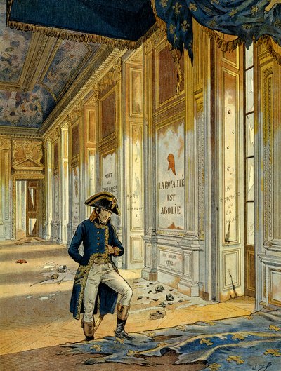 Rivoluzione Francese del 1789: Napoleone I Bonaparte nella Sala del Trono al Palazzo delle Tuileries dopo il passaggio dei rivoluzionari che saccheggiarono il luogo. Il muro recita: "Il regno è abolito." Illustrazione di Jacques Marie Gaston Onfray da pseudonym for Onfray de Breville Jacques Job