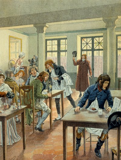 Rivoluzione francese del 1789: Napoleone I Bonaparte giovane al gargotier Justat, dalla rue des petits peres a Parigi, ridotto a un solo piatto che pagava 6 sous a porzione da pseudonym for Onfray de Breville Jacques Job