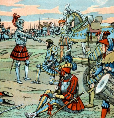 Il re di Francia Francesco I viene nominato cavaliere da Bayard subito dopo la battaglia di Marignano il 14 settembre da pseudonym for Onfray de Breville Jacques Job