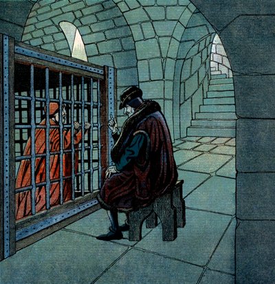 Il re francese Luigi XI visita il cardinale Jean de la Balue prigioniero in una gabbia nella prigione di Loche da pseudonym for Onfray de Breville Jacques Job