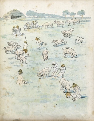 Bambini gallici che giocano con i maiali in un campo. in "France, his story told by G. Montorgueil, imagee by Job" 1896. Collezione privata da pseudonym for Onfray de Breville Jacques Job