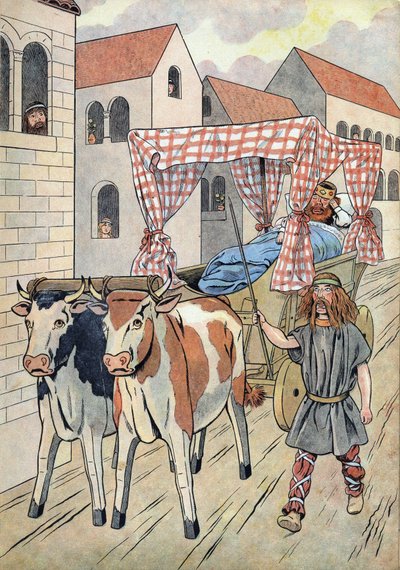 Storia di Francia. Scena che raffigura re pigri nei giocattoli: il re di Francia Thierry III (673-691) trasportato in un carro con un letto trainato da buoi. In 