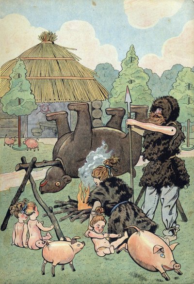 Storia della Francia. Scena della Gallia barbarica con giocattoli: un gallo e un gallo vestiti di pelle di bestia cucinano un orso per nutrire la loro famiglia. in 