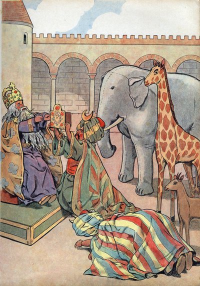 Storia di Francia. Scena della vita di Carlo Magno nei giocattoli: il califfo Haron Al Rashid dona al re di Francia Carlo Magno (742-814) una giraffa, un elefante e un orologio. In "Joujoux a l