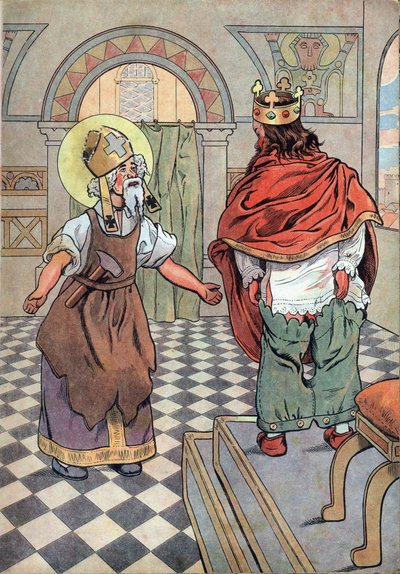 Storia di Francia. Scena della vita del re Dagoberto con giocattoli: San Eligio (v.588-659) fa notare al re di Francia Dagoberto I (602 o 605-638 o 639) che i suoi pantaloni erano messi al contrario. In "Joujoux à l
