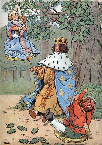 Storia di Francia. Scena della vita di San Luigi con giocattoli: il re Luigi IX noto come San Luigi (1214-1270) rende giustizia ai piedi di una quercia. In "Joujoux à l
